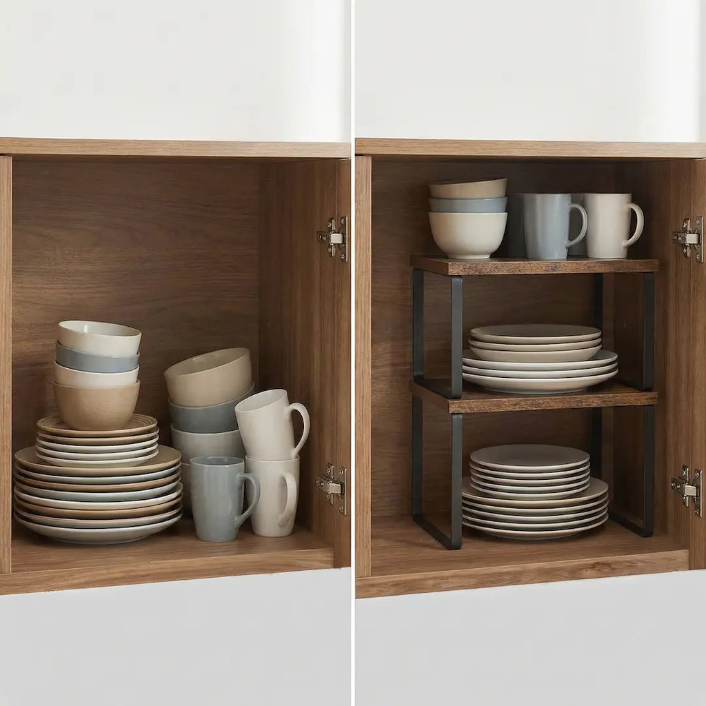 Stackable Wood and Metal Kitchen Shelf Organizer - Expandable Cabinet Storage Rack (Set of 2)