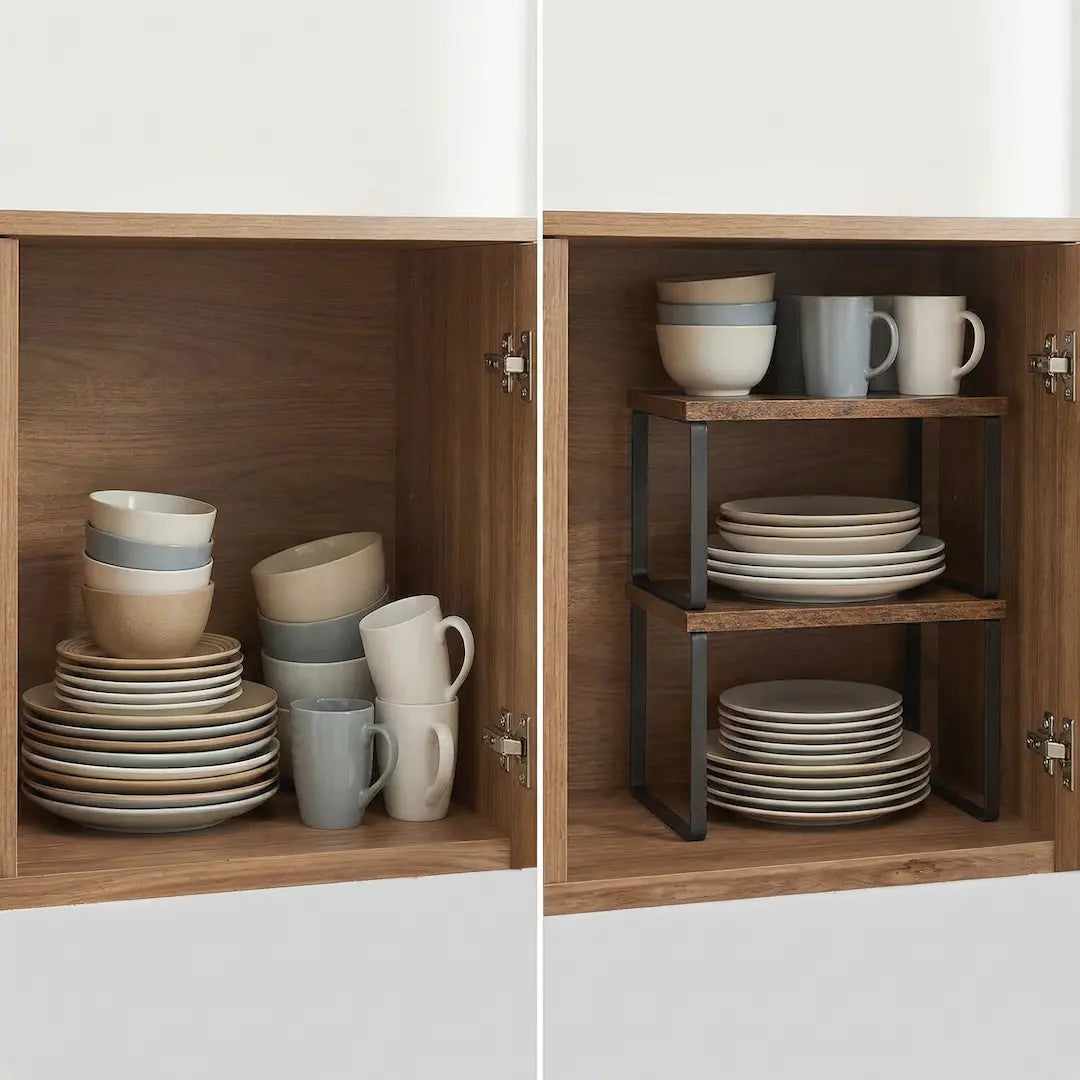 Stackable Wood and Metal Kitchen Shelf Organizer - Expandable Cabinet Storage Rack (Set of 2)