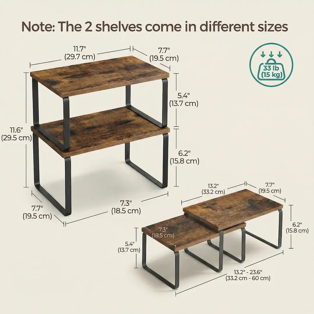 Stackable Wood and Metal Kitchen Shelf Organizer - Expandable Cabinet Storage Rack (Set of 2)